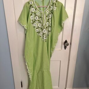 Green Floral Embroidered Kaftan Dress